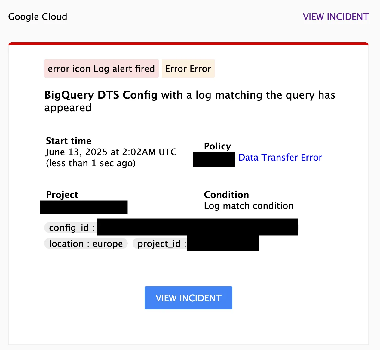 Example of an alert email: a Google Cloud log alert for a BigQuery data transfer error