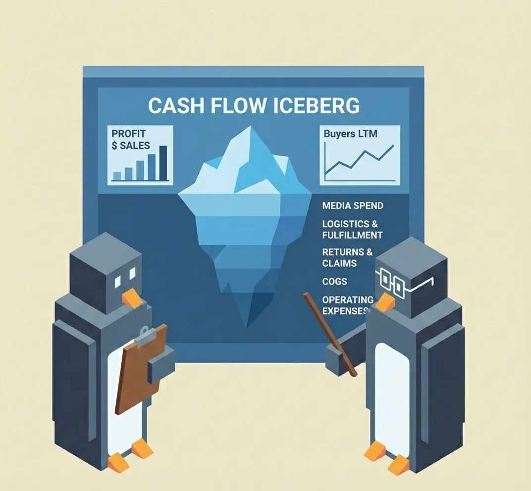 Illustration of two penguins presenting a cash flow iceberg: profit and sales above the surface, media spend, logistics, returns, COGS and operating expenses below