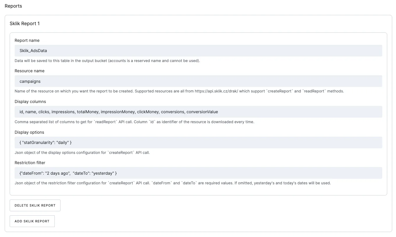Basic setup of a Sklik campaign report at daily granularity