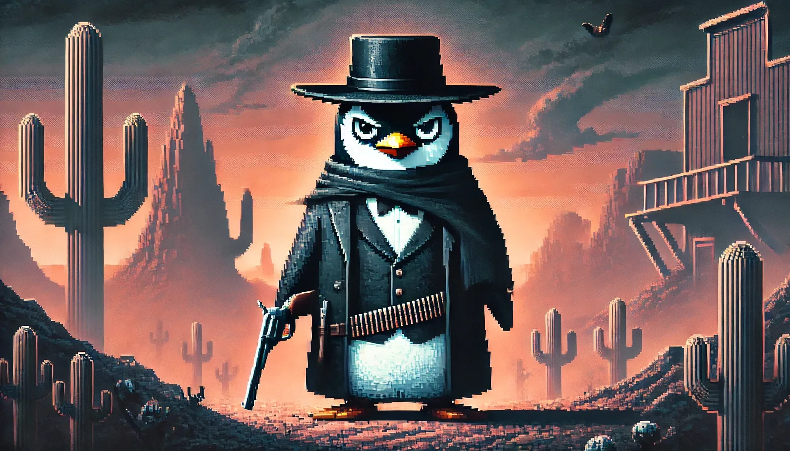 A pixel-art penguin gunslinger with a dark hat and a revolver in a desert: the bad