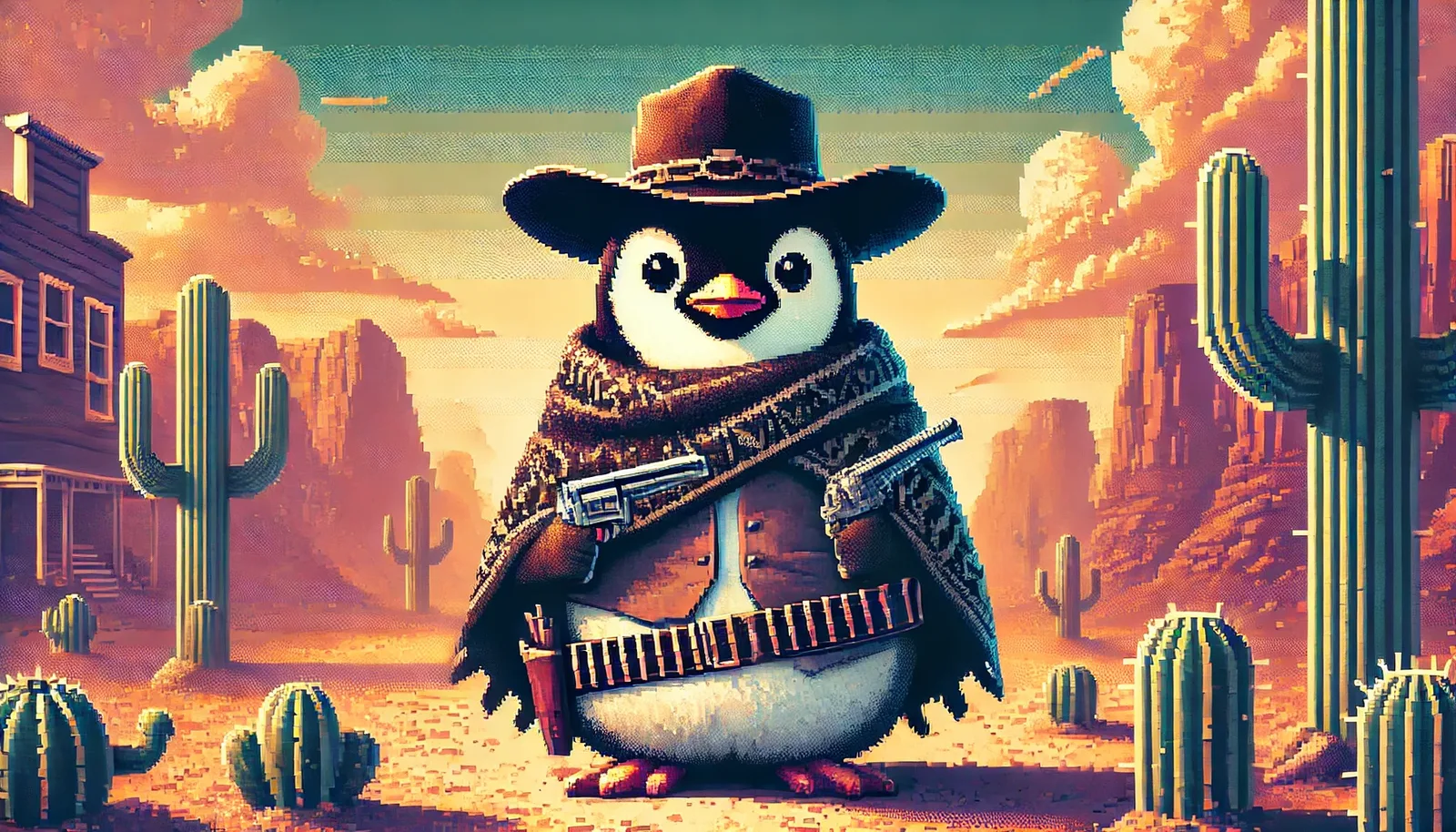 A pixel-art penguin gunslinger in a western town: the good