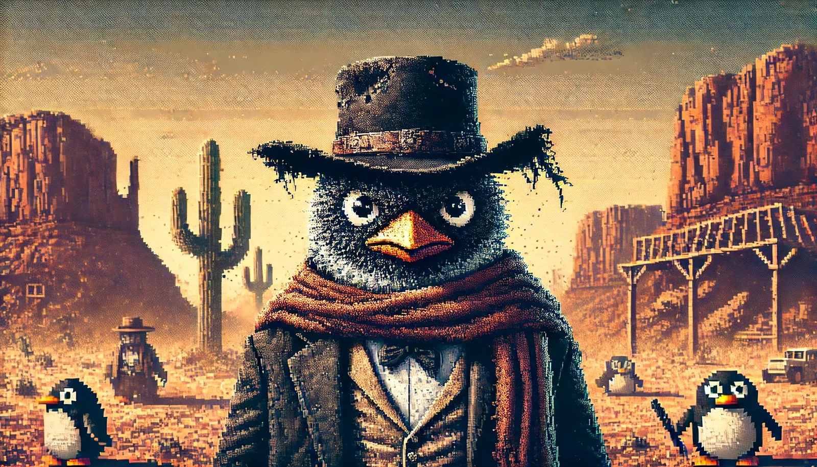 A scruffy pixel-art penguin outlaw in a western landscape with other penguins in the background: the ugly