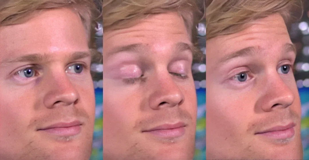 The blinking guy meme: eyes open, closed, open again