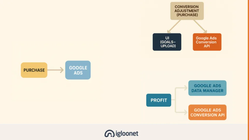 Uploading the margin value after the fact: a purchase goes to Google Ads, and the profit is uploaded through a conversion adjustment (UI goals upload or the Google Ads Conversion API) or through the Google Ads Data Manager or Conversion API